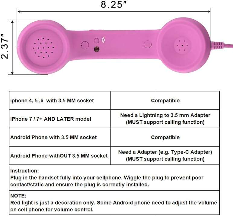 CM Vintage Retro Telephone Handset Cell Phone Receiver MIC Microphone for Cellphone Smartphone, 3.5 mm Socket (Pink) - Image 7