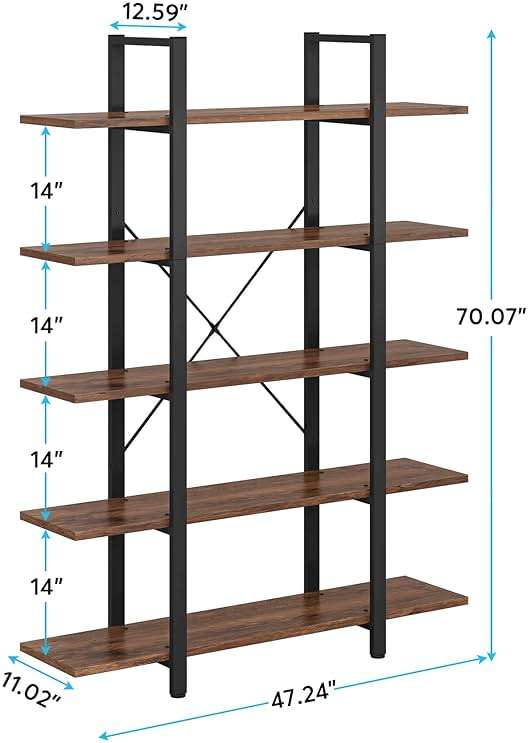 Tribesigns 5-Tier Bookshelf, Vintage Industrial Style Bookcase 72 H x 12 W x 47L Inches - Image 2