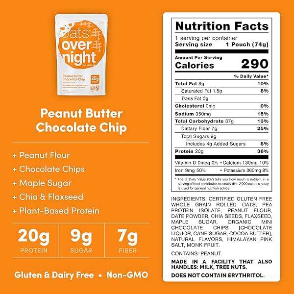 Oats Overnight Peanut Butter Chocolate Chip - Vegan Overnight Oats Protein Shake with 20g Vegan Protein Powder - High Fiber, Gluten Free, Dairy Free Oatmeal (2.4 oz per Meal) (24 Pack) - Image 2