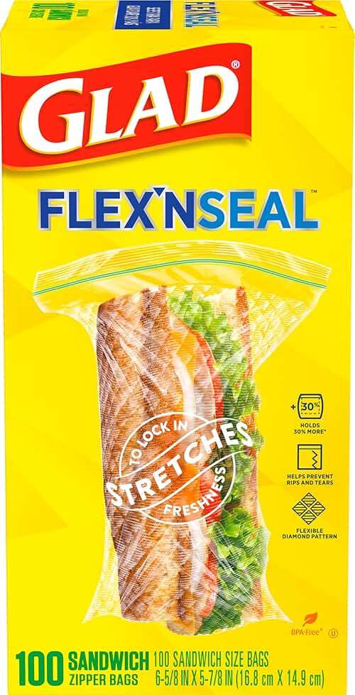 Glad Flex'N Seal Food Storage Plastic Bags, Sandwich, 100 Count, Pack of 4 (Package May Vary) - Image 7