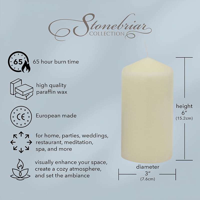 Stonebriar Unscented Pillar Candles – 65 Hour Burn Time, Long-Lasting Wax Candles for Weddings, Holidays, Home Décor & Special Events, Pack of 6, Ivory, 3" x 6" - Image 11