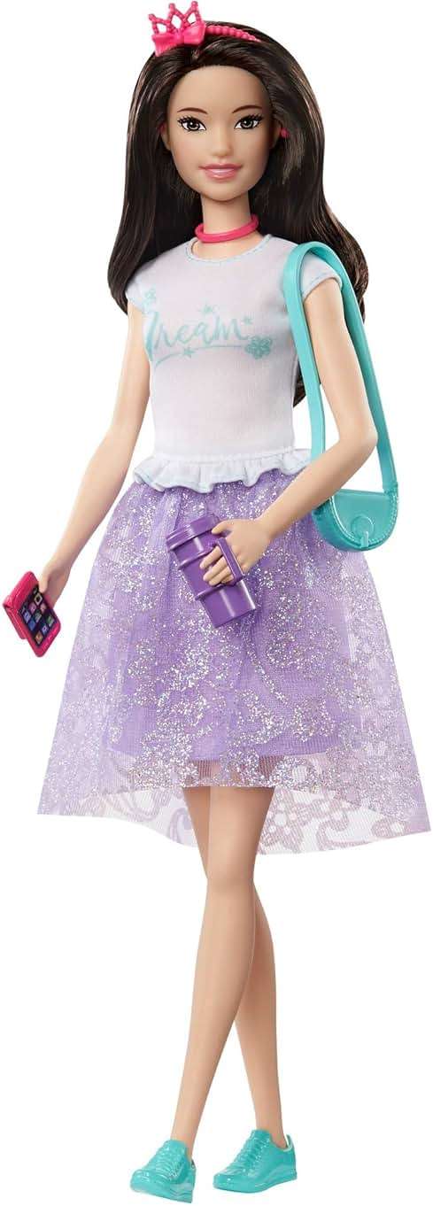 Barbie Princess Adventure Renee Doll (12-inch Brunette) in Fashion and Accessories, with Smart Phone, Purse, Travel Mug and Tiara, Gift for 3 to 7 Year Olds - Image 1