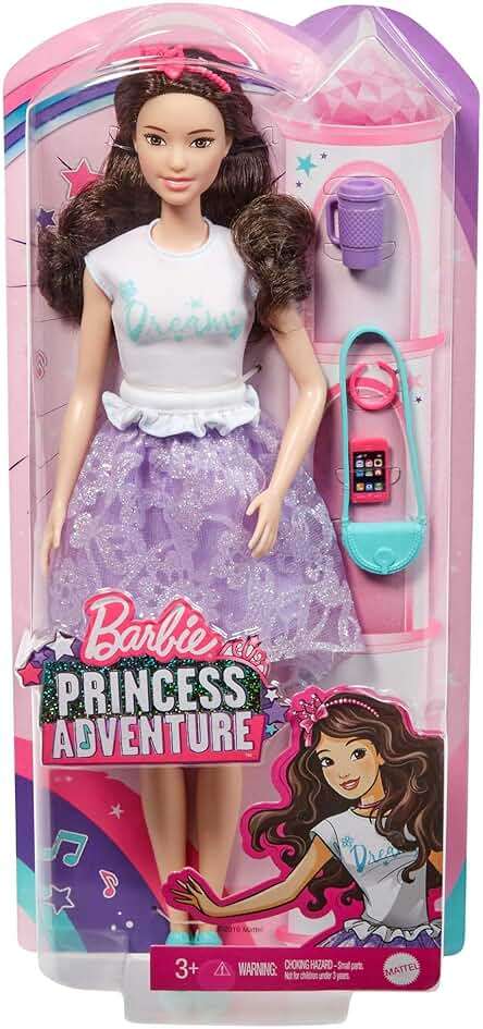 Barbie Princess Adventure Renee Doll (12-inch Brunette) in Fashion and Accessories, with Smart Phone, Purse, Travel Mug and Tiara, Gift for 3 to 7 Year Olds - Image 6