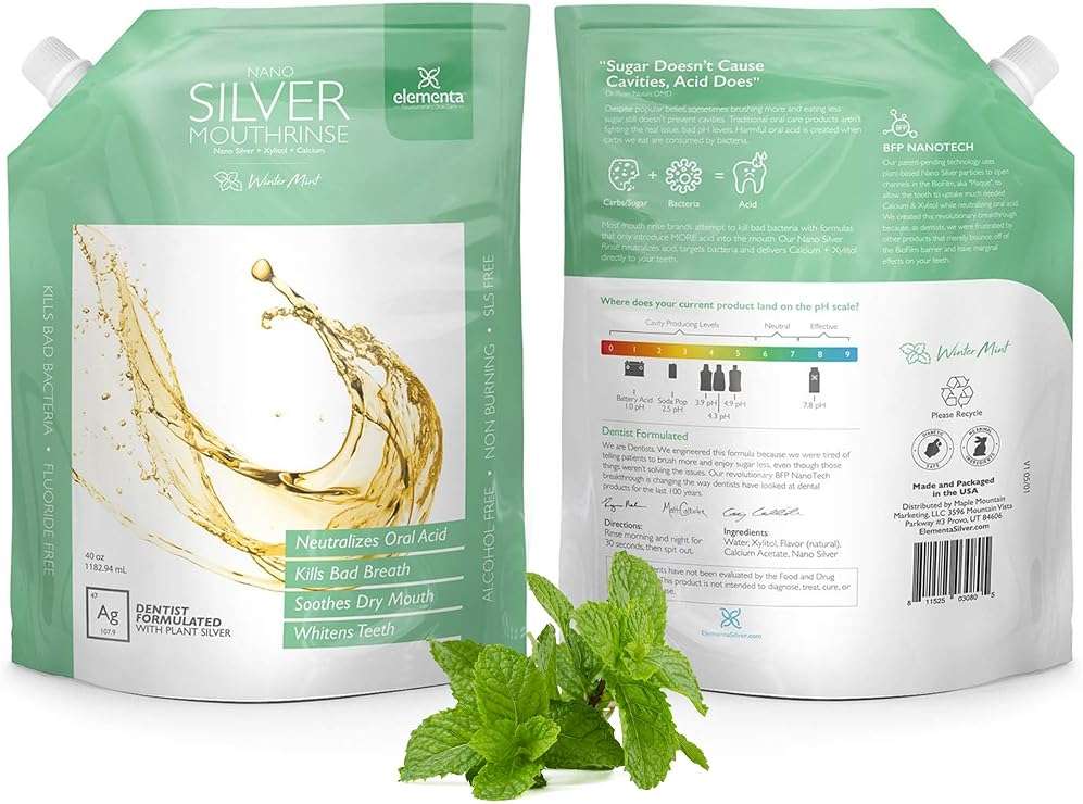 Elementa Silver Nano Silver Xylitol Mouth Wash Refill Pack | Mouth Rinse Oral Care 40 oz | Dentist Formulated, Alcohol and Fluoride Free (Winter Mint) - Image 1