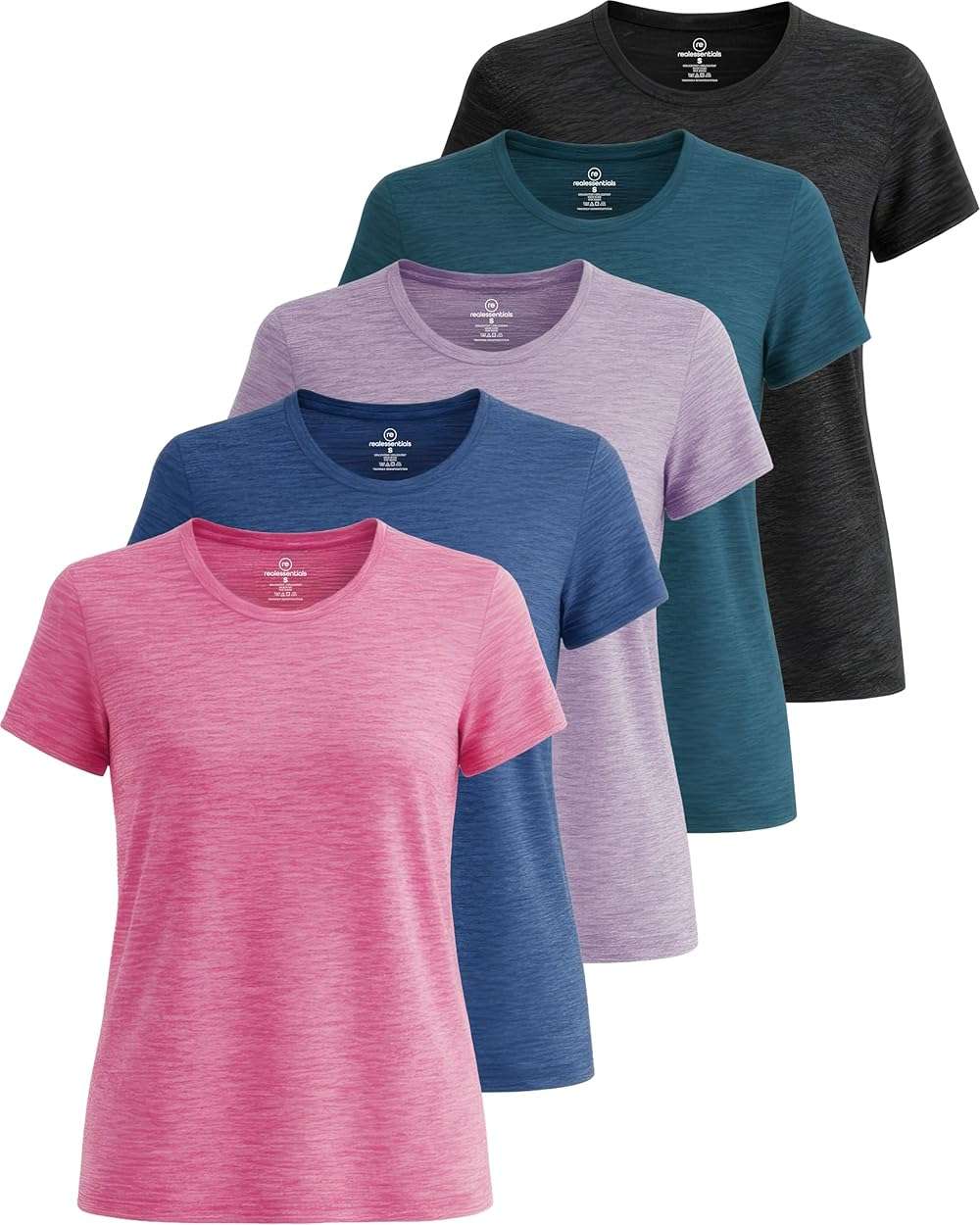 Real Essentials 5 Pack: Women's Short Sleeve T-Shirts Workout Tops Fitness Pilates Gym Activewear Athletic (Plus Available) - Image 1