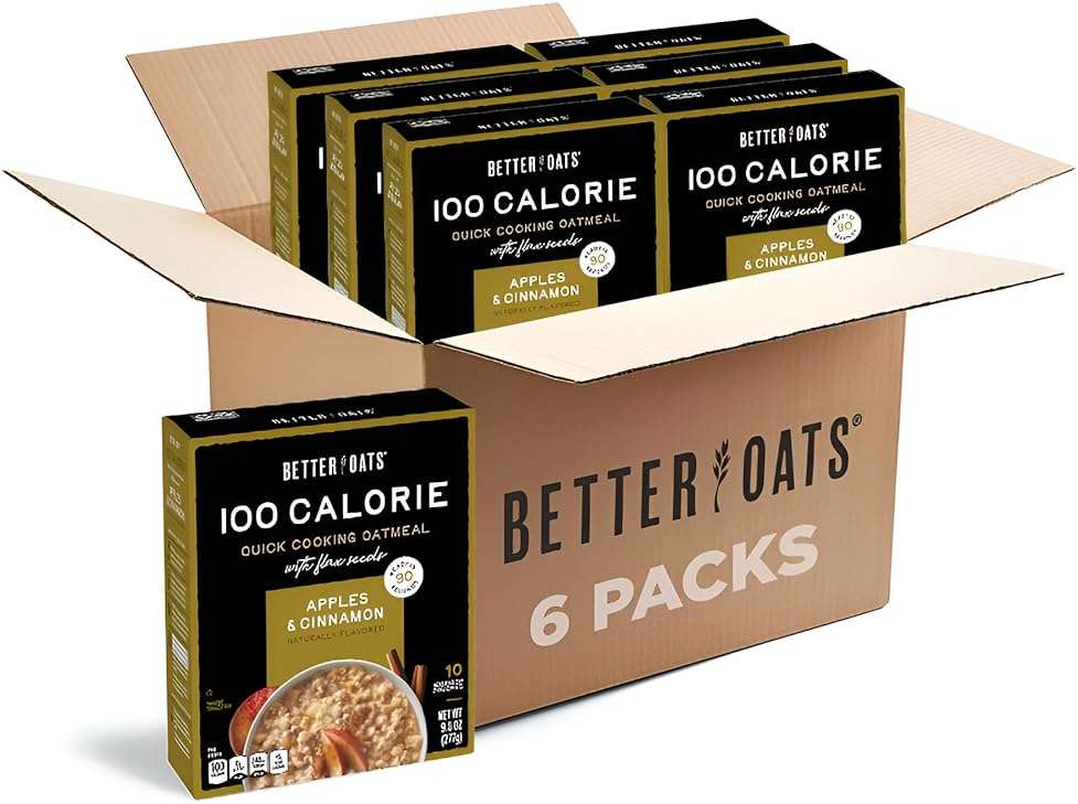 Better Oats 100 Calorie Apples and Cinnamon Oatmeal Packets, Instant Breakfast with Flax Seeds and Natural Apple-Cinnamon Flavor, Quick Cooking, Box of 10 Pouches (Pack of 6) - Image 1