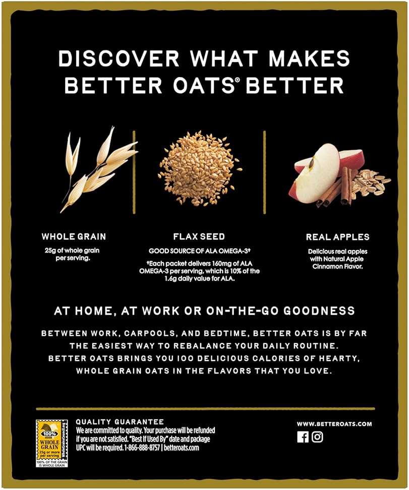 Better Oats 100 Calorie Apples and Cinnamon Oatmeal Packets, Instant Breakfast with Flax Seeds and Natural Apple-Cinnamon Flavor, Quick Cooking, Box of 10 Pouches (Pack of 6) - Image 11