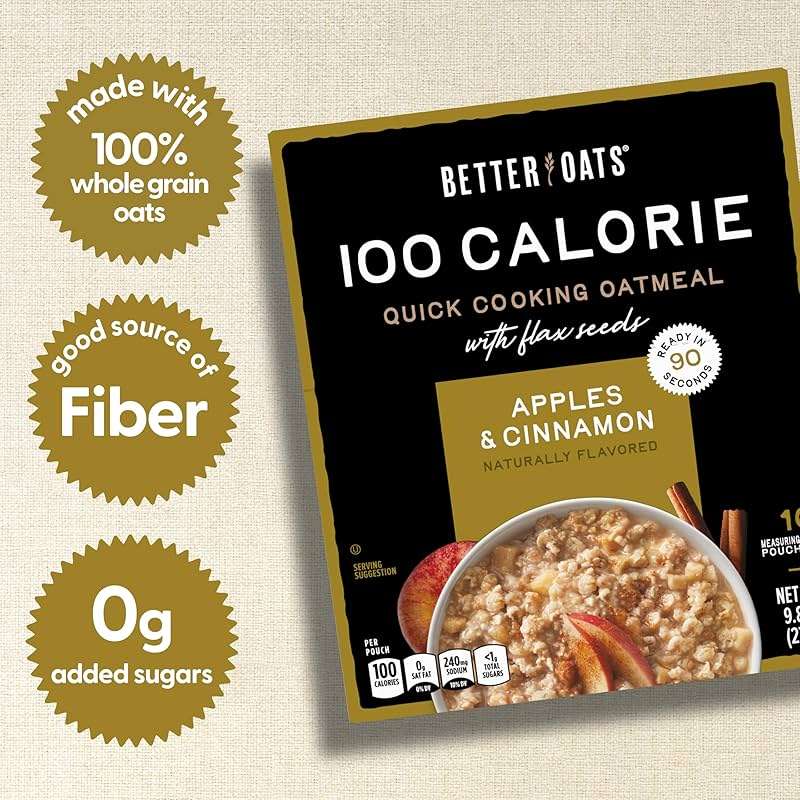 Better Oats 100 Calorie Apples and Cinnamon Oatmeal Packets, Instant Breakfast with Flax Seeds and Natural Apple-Cinnamon Flavor, Quick Cooking, Box of 10 Pouches (Pack of 6) - Image 5