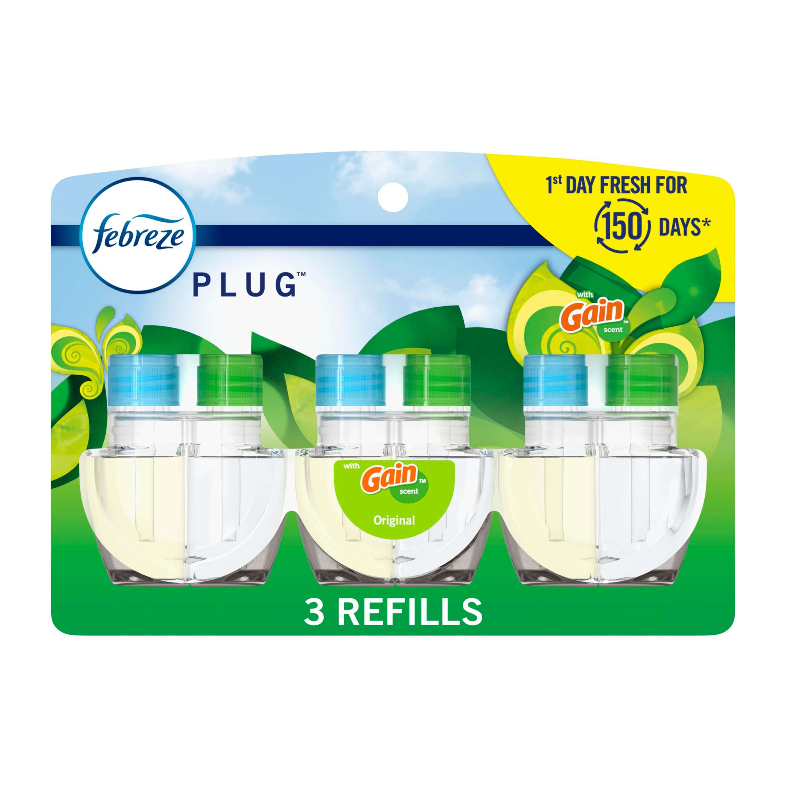 Febreze Plug-In Air Freshener, Odor-Fighting Scented Oil Refill, Air Fresheners for Home, Bathroom and Kitchen, Long Lasting, Gain Original Scent, 0.87oz Refills, Blue and Green, 3 Count - Image 1
