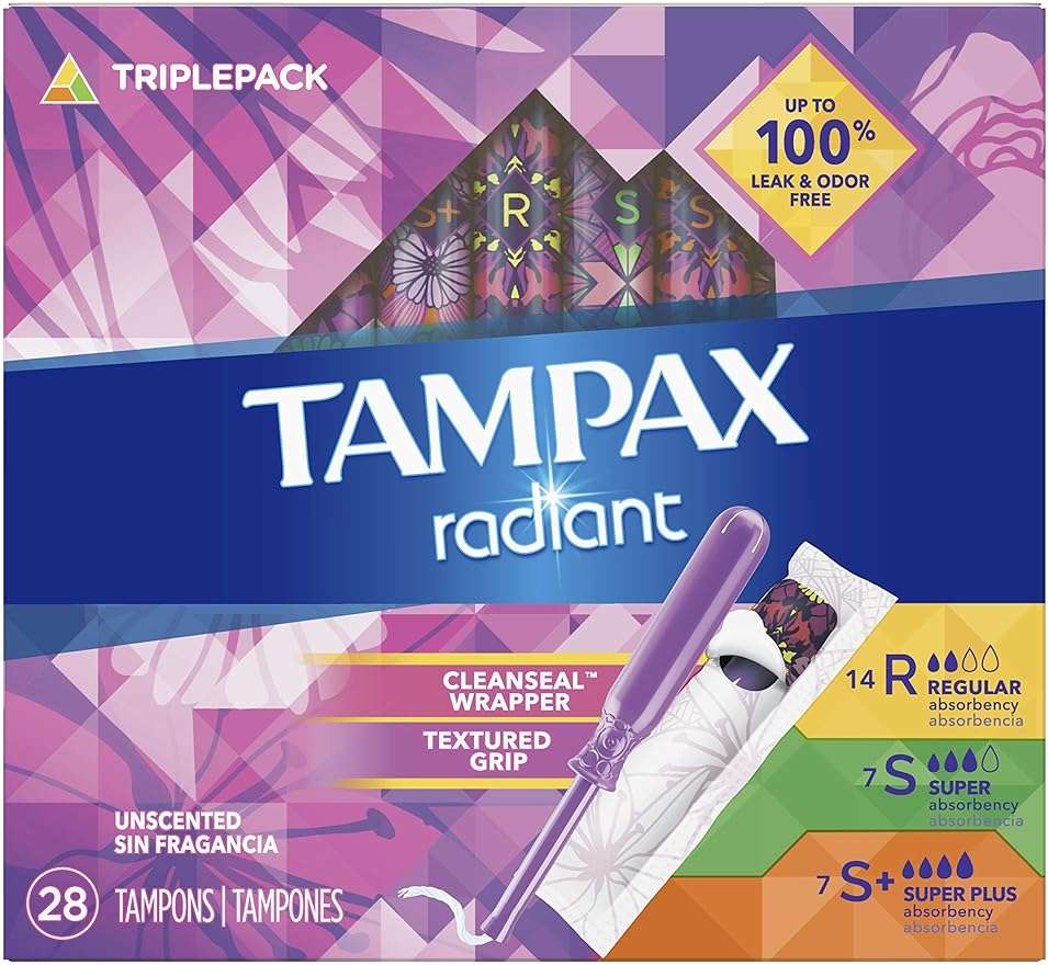 Tampax Radiant Tampons Trio Pack Regular/Super/Super Plus Absorbency, Unscented, 28 Count - Image 1