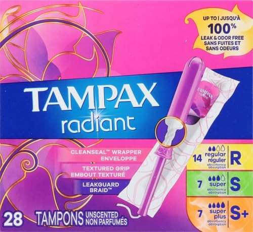 Tampax Radiant Tampons Trio Pack Regular/Super/Super Plus Absorbency, Unscented, 28 Count - Image 2