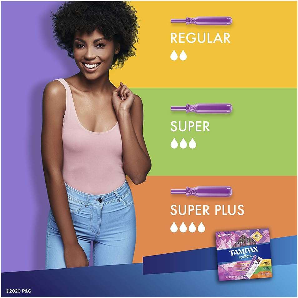 Tampax Radiant Tampons Trio Pack Regular/Super/Super Plus Absorbency, Unscented, 28 Count - Image 11
