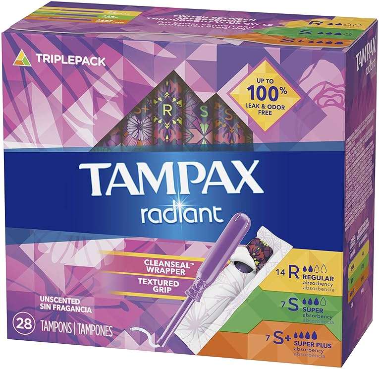 Tampax Radiant Tampons Trio Pack Regular/Super/Super Plus Absorbency, Unscented, 28 Count - Image 4
