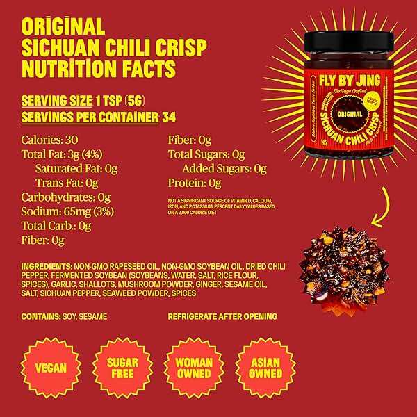 FLYBYJING Original Sichuan Chili Crisp: Premium Chili Oil w/Crunchy Garlic and Shallots - Spicy, Savory, Vegan, Sugar Free Hot Sauce - Good on Noodles, Proteins, Veggies & Everything, 6oz (Pack of 1) - Image 7