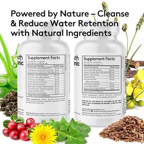 Youth & Tonic Water Pills Weight Loss for Women + 15 Day Cleanse Detox 2pk | Water Retention + Colon Cleanse & Gut Cleanser, Belly Bloat & Occasional Constipation Relief, Body Detox Pills for Men, 90ct - Image 6