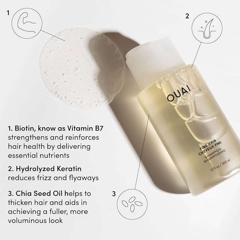 OUAI Fine Hair Shampoo - Volumizing Shampoo for Fine, Flat Strands - Made with Biotin, Keratin & Chia Seed Oil - Strengthens, Nourishes & Thickens - Color-Safe & Sulfate Free Hair Care (10 Fl oz) - Image 3