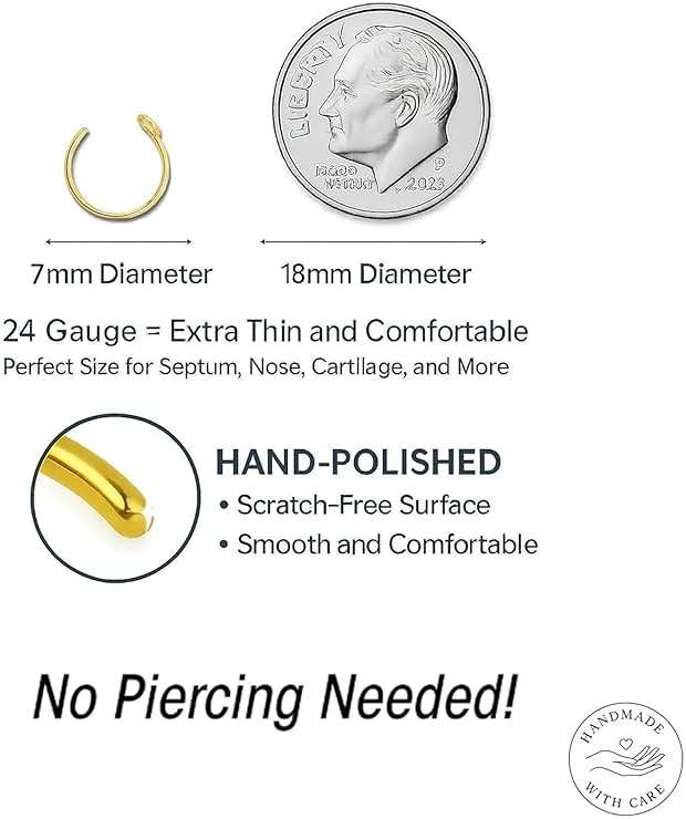 Fake Nose Ring - Tiny Thin 24 Gauge Faux Nose Piercing For Women - 925 Sterling Silver Clip On Nose Hoops Jewelry - Comfortable Smooth Fake Nose Rings - No Piercing Needed - Gift Ready - Image 2