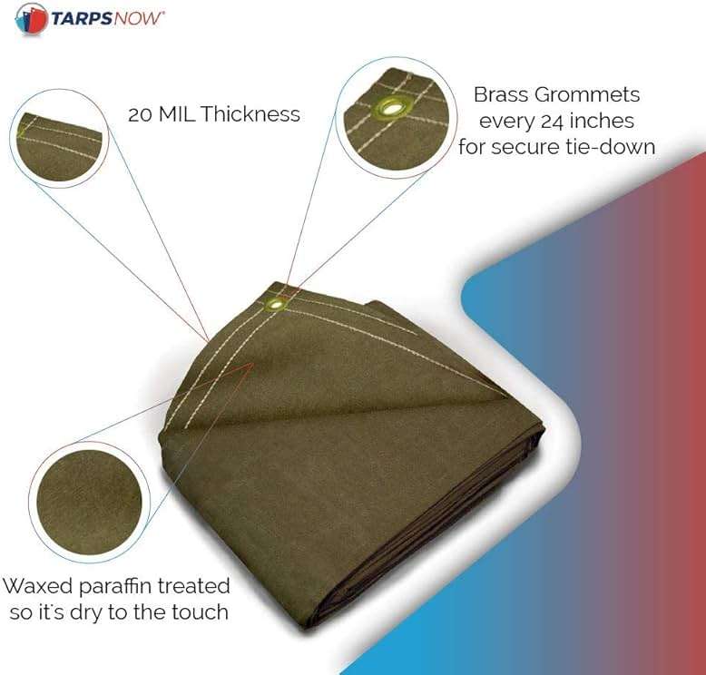 Tarps Now 20x20 ft Heavy Duty Canvas Tarp, 41 Mil, 18 Oz Industrial Grade Fabric with Stainless Steel Grommets, Reinforced Edges, Waxed Canvas Drop Cloth for Outdoors, Automotive, Construction & More - Image 8