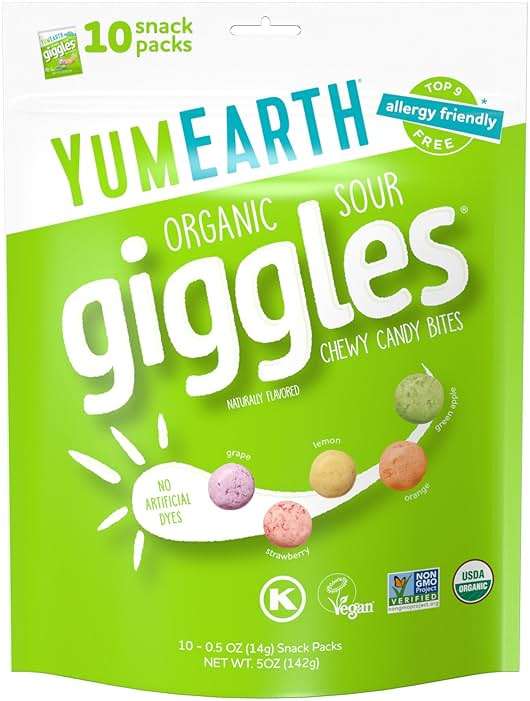 YumEarth Organic Sour Giggles Chewy Candy - Allergy Friendly (Top 9 Free), No Artificial Dyes, Non GMO, Gluten Free, Vegan - Individually Wrapped Sour Snack Packs - 0.5 Ounce (Pack of 10) - Image 1