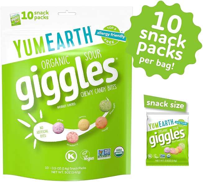 YumEarth Organic Sour Giggles Chewy Candy - Allergy Friendly (Top 9 Free), No Artificial Dyes, Non GMO, Gluten Free, Vegan - Individually Wrapped Sour Snack Packs - 0.5 Ounce (Pack of 10) - Image 3