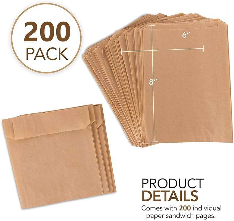 Paper Sandwich Bags Kraft Brown (200 Pack), Commercially Compostable Food Grade Unbleached Kraft Paper for Bakery, Cookies, Treats, Snacks, Sandwiches - Image 2
