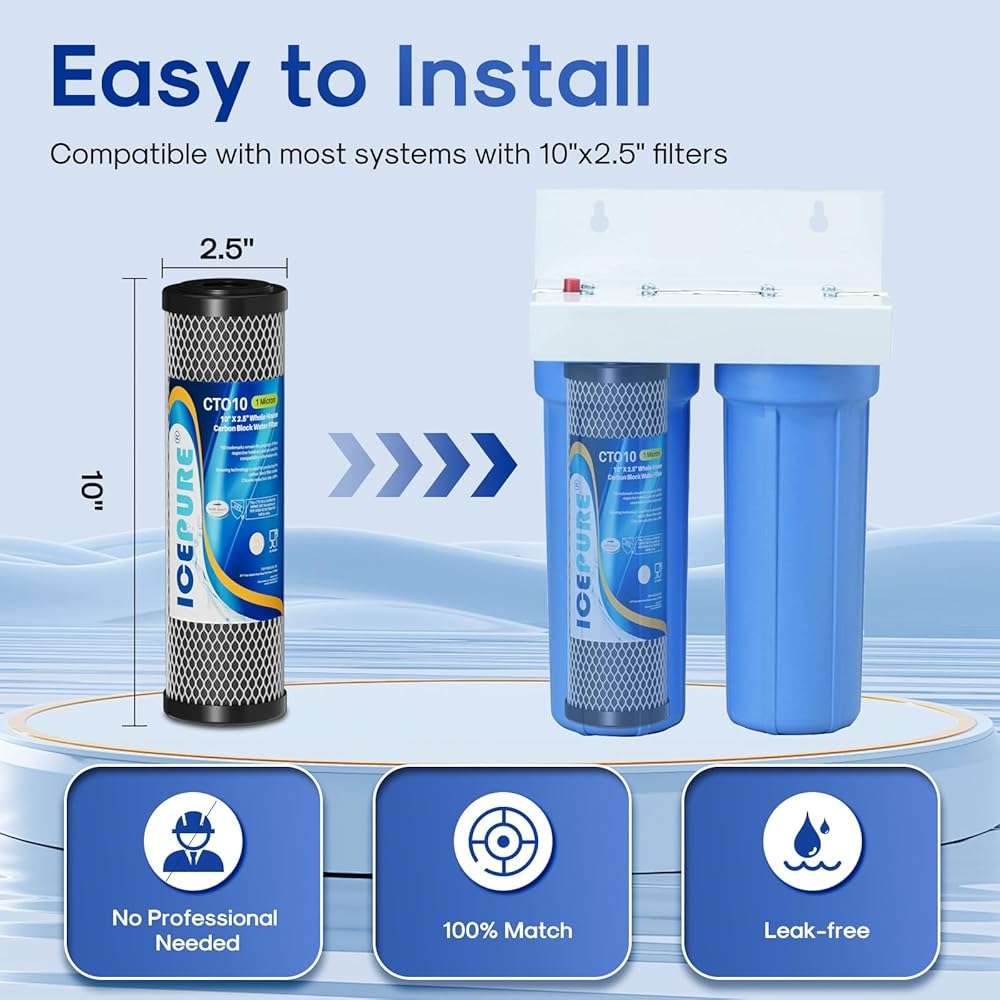 ICEPURE 1 Micron 2.5" x 10" Whole House CTO Carbon Sediment Water Filter Cartridge Compatible with DuPont WFPFC8002, WFPFC9001, SCWH-5, WHCF-WHWC, WHCF-WHWC, FXWTC, CBC-10, RO Unit, Pack of 4 - Image 2