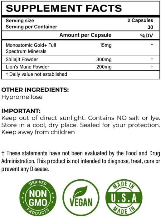 I Am Joy co. Ormus Shilajit Lion's Mane - Ultimate Brain Power! Monoatomic 24k Gold - The Only Blend of Its Kind for Energy, Memory, & Focus - 60 Vegan Capsules - Image 2