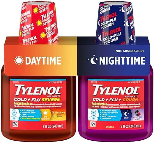 Tylenol Cold + Flu Severe Daytime & Nighttime Liquid Cough Medicine with Acetaminophen Pain Reliever & Fever Reducer, Nasal Decongestant & Antihistamine, Value Pack, 2 ct. of 8 fl. oz - Image 1