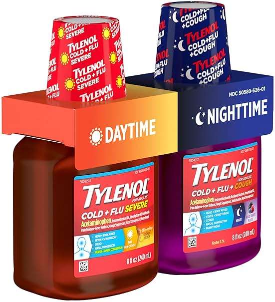 Tylenol Cold + Flu Severe Daytime & Nighttime Liquid Cough Medicine with Acetaminophen Pain Reliever & Fever Reducer, Nasal Decongestant & Antihistamine, Value Pack, 2 ct. of 8 fl. oz - Image 2