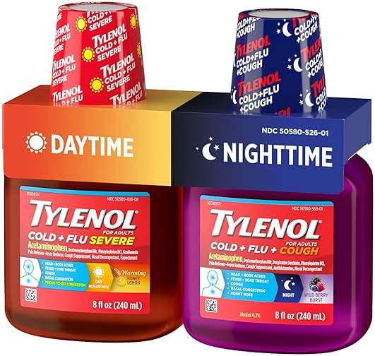 Tylenol Cold + Flu Severe Daytime & Nighttime Liquid Cough Medicine with Acetaminophen Pain Reliever & Fever Reducer, Nasal Decongestant & Antihistamine, Value Pack, 2 ct. of 8 fl. oz - Image 6