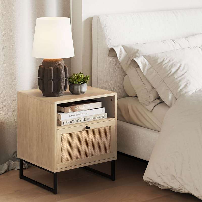 Nathan James Mina Rattan Wood End Side Accent Table Nightstand with Storage for Living Room or Bedroom, 1, Oak/Black - Image 1
