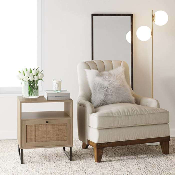 Nathan James Mina Rattan Wood End Side Accent Table Nightstand with Storage for Living Room or Bedroom, 1, Oak/Black - Image 3