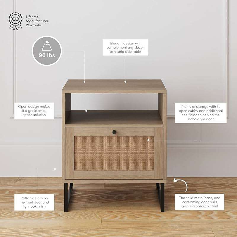 Nathan James Mina Rattan Wood End Side Accent Table Nightstand with Storage for Living Room or Bedroom, 1, Oak/Black - Image 4