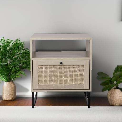Nathan James Mina Rattan Wood End Side Accent Table Nightstand with Storage for Living Room or Bedroom, 1, Oak/Black - Image 5