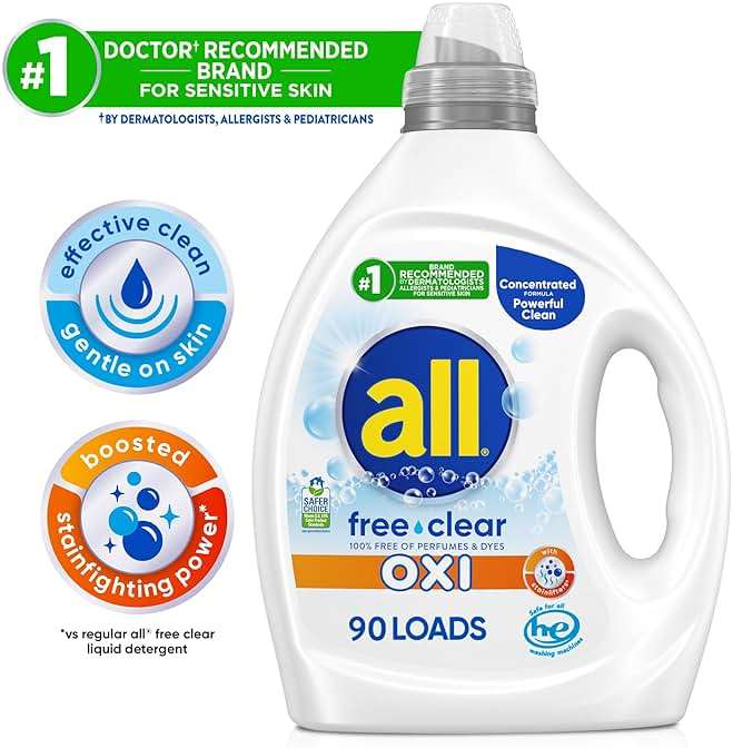 all Liquid Laundry Detergent, Free Clear for Sensitive Skin with OXI, Unscented and Hypoallergenic, 2X Concentrated, 90 Loads - Image 2