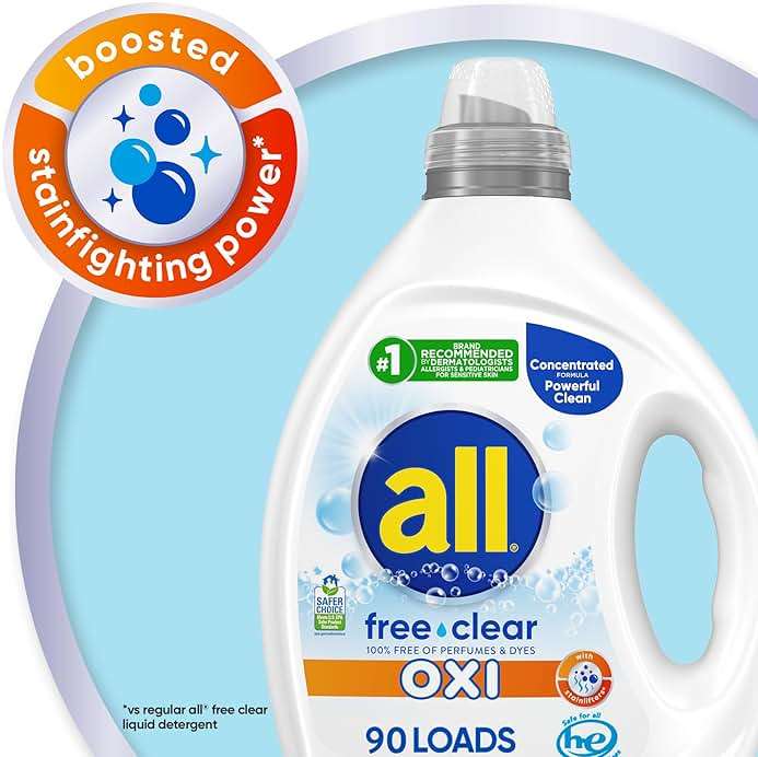 all Liquid Laundry Detergent, Free Clear for Sensitive Skin with OXI, Unscented and Hypoallergenic, 2X Concentrated, 90 Loads - Image 3