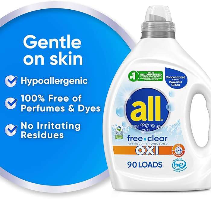 all Liquid Laundry Detergent, Free Clear for Sensitive Skin with OXI, Unscented and Hypoallergenic, 2X Concentrated, 90 Loads - Image 4