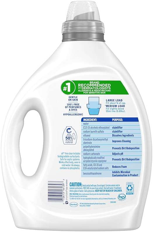 all Liquid Laundry Detergent, Free Clear for Sensitive Skin with OXI, Unscented and Hypoallergenic, 2X Concentrated, 90 Loads - Image 6