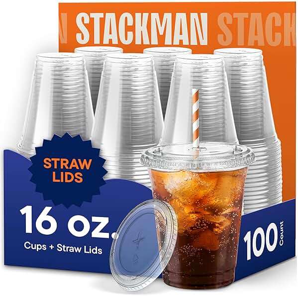 16 oz Clear Plastic Cups with Straw-Slot Lids [100 Sets] PET Crystal Clear Disposable Cups with Lids - Durable Cup. BPA Free + Crack Resistant, for Coffee, Juice, Shakes - Image 1