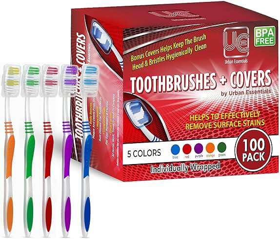 Urban Essentials Bulk Toothbrush Package with Covers | Premium Quality Individually Wrapped Colorful Tooth Brushes | Medium Soft Toothbrush Hygienic Cap for Donations, Travel, Hotels (100 Pack) - Image 1