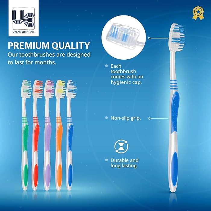 Urban Essentials Bulk Toothbrush Package with Covers | Premium Quality Individually Wrapped Colorful Tooth Brushes | Medium Soft Toothbrush Hygienic Cap for Donations, Travel, Hotels (100 Pack) - Image 5