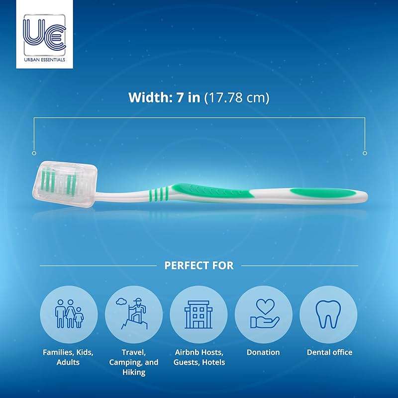 Urban Essentials Bulk Toothbrush Package with Covers | Premium Quality Individually Wrapped Colorful Tooth Brushes | Medium Soft Toothbrush Hygienic Cap for Donations, Travel, Hotels (100 Pack) - Image 6
