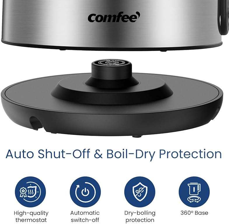 COMFEE' Stainless Steel Electric Kettle, 1.7 Liter Tea Kettle Electric & Hot Water Kettle, 1500W Fast Boil with LED Light, Auto Shut-Off and Boil-Dry Protection - Image 5
