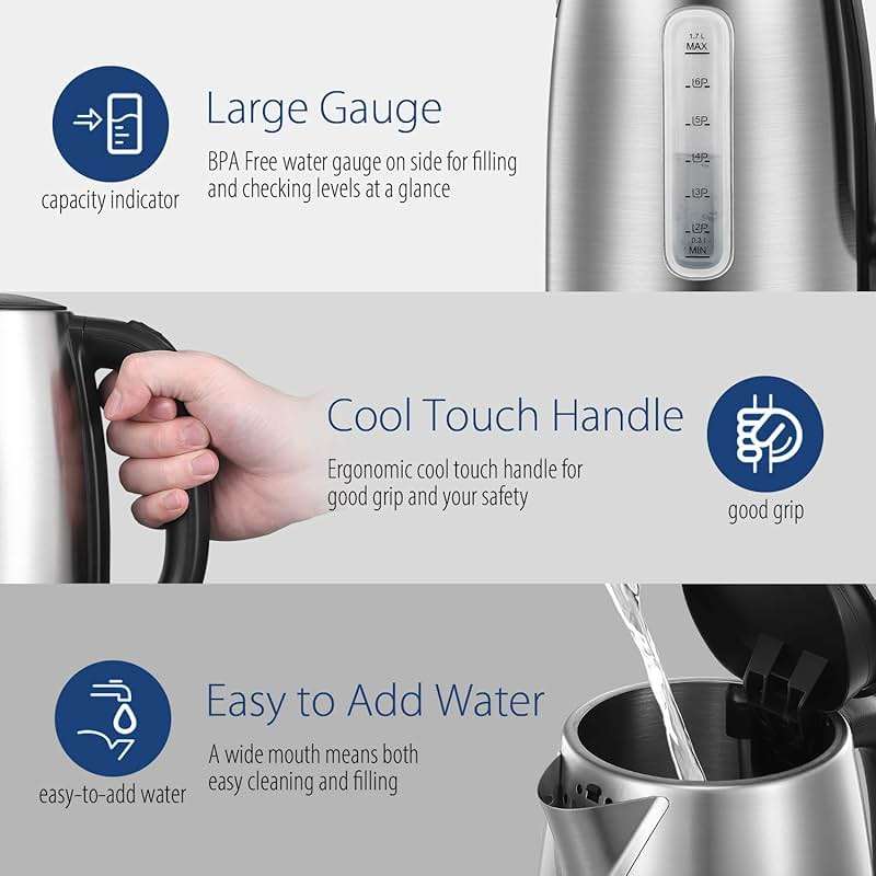 COMFEE' Stainless Steel Electric Kettle, 1.7 Liter Tea Kettle Electric & Hot Water Kettle, 1500W Fast Boil with LED Light, Auto Shut-Off and Boil-Dry Protection - Image 6