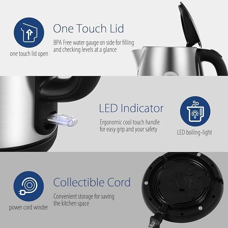COMFEE' Stainless Steel Electric Kettle, 1.7 Liter Tea Kettle Electric & Hot Water Kettle, 1500W Fast Boil with LED Light, Auto Shut-Off and Boil-Dry Protection - Image 7