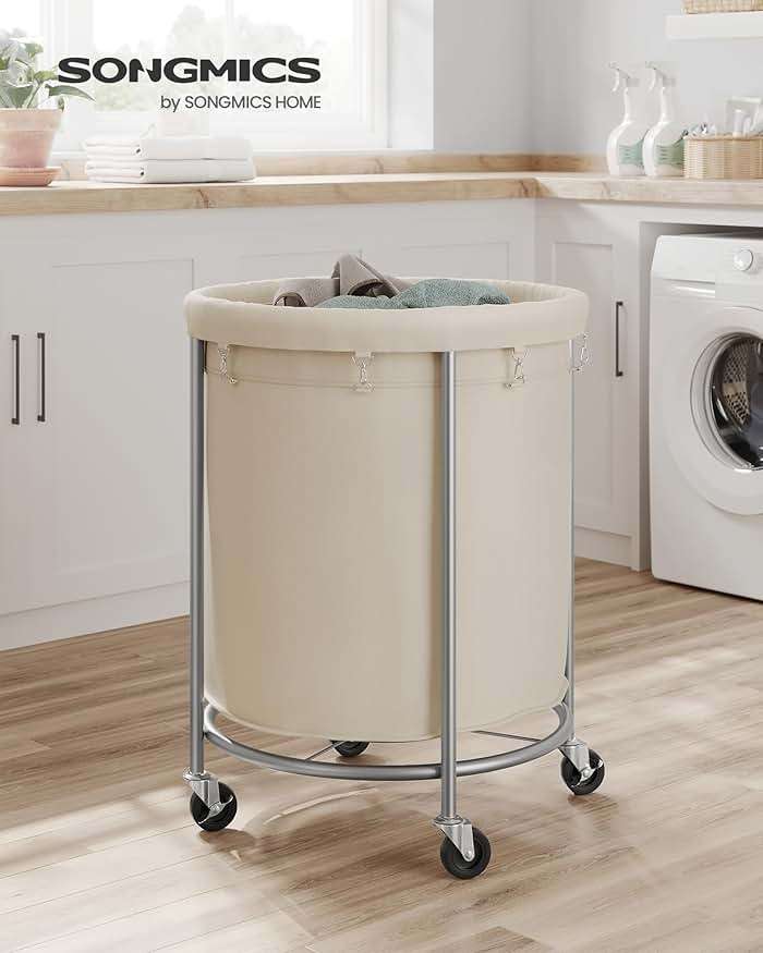 SONGMICS 50.2-Gallon (190 L) Laundry Basket with Wheels, Rolling Round Heavy-Duty Laundry Hamper Cart with Steel Frame and Removable Bag, 2 Locking, White and Metallic Silver, URLS01MZ - Image 2