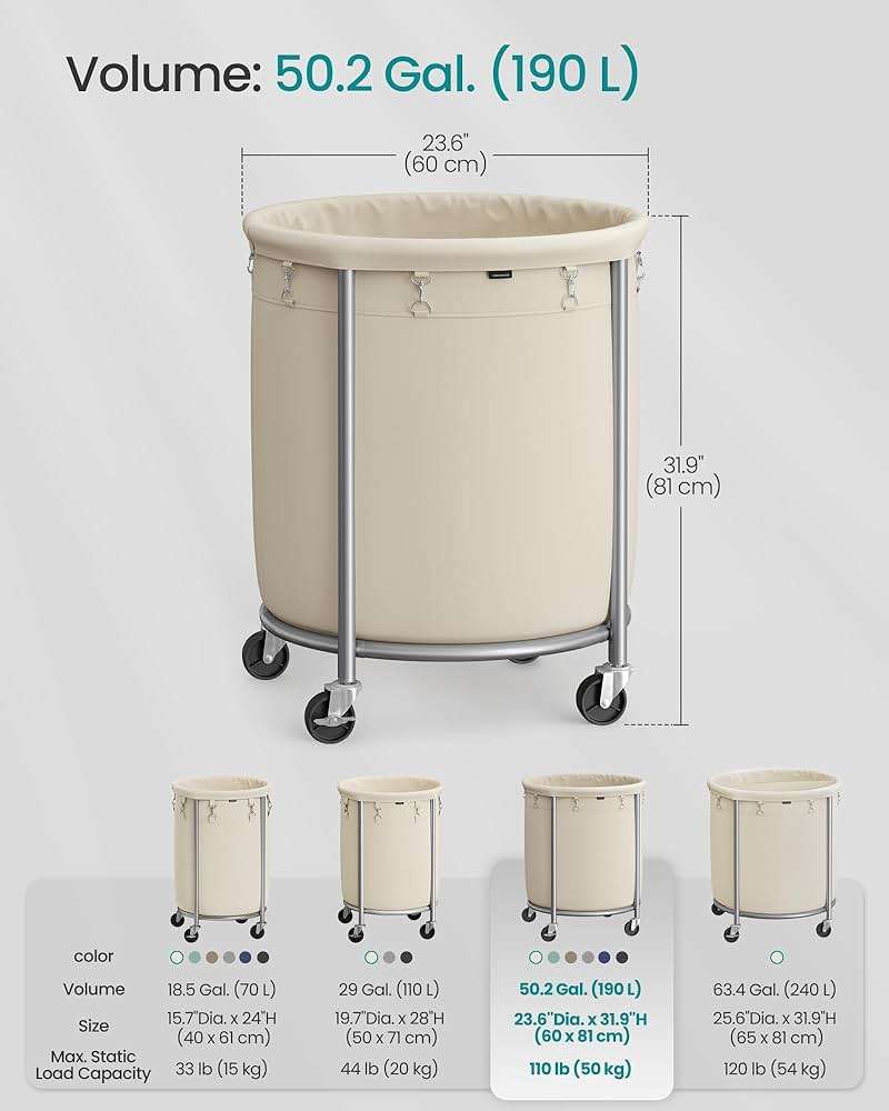 SONGMICS 50.2-Gallon (190 L) Laundry Basket with Wheels, Rolling Round Heavy-Duty Laundry Hamper Cart with Steel Frame and Removable Bag, 2 Locking, White and Metallic Silver, URLS01MZ - Image 3