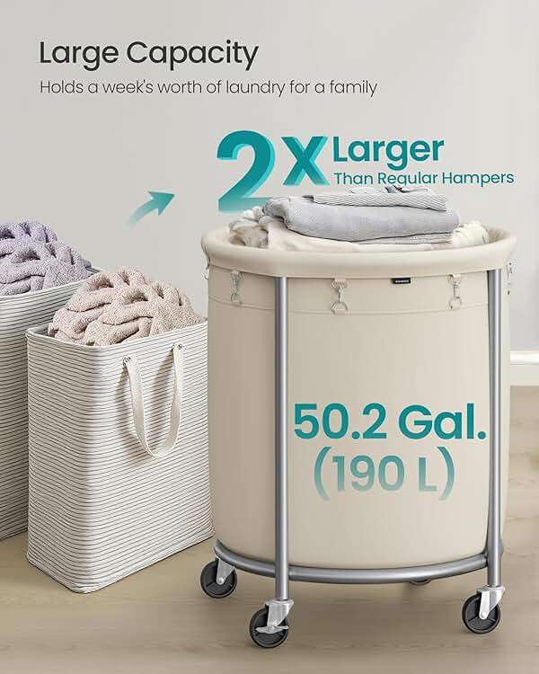 SONGMICS 50.2-Gallon (190 L) Laundry Basket with Wheels, Rolling Round Heavy-Duty Laundry Hamper Cart with Steel Frame and Removable Bag, 2 Locking, White and Metallic Silver, URLS01MZ - Image 4