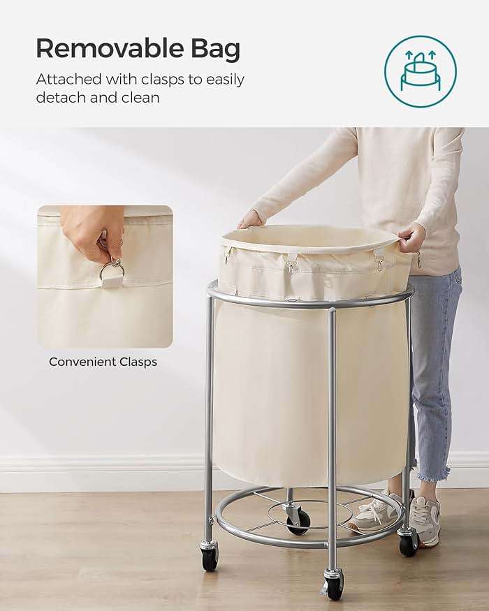 SONGMICS 50.2-Gallon (190 L) Laundry Basket with Wheels, Rolling Round Heavy-Duty Laundry Hamper Cart with Steel Frame and Removable Bag, 2 Locking, White and Metallic Silver, URLS01MZ - Image 7