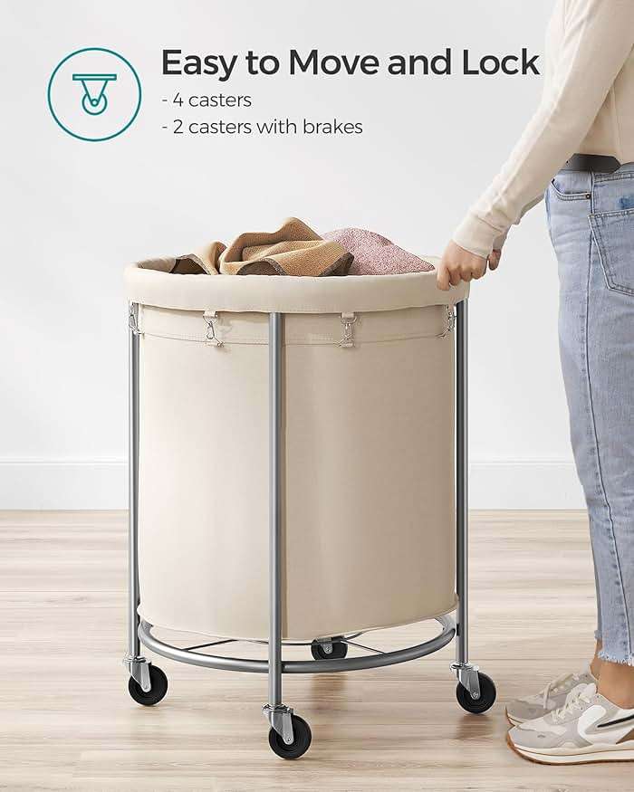 SONGMICS 50.2-Gallon (190 L) Laundry Basket with Wheels, Rolling Round Heavy-Duty Laundry Hamper Cart with Steel Frame and Removable Bag, 2 Locking, White and Metallic Silver, URLS01MZ - Image 8